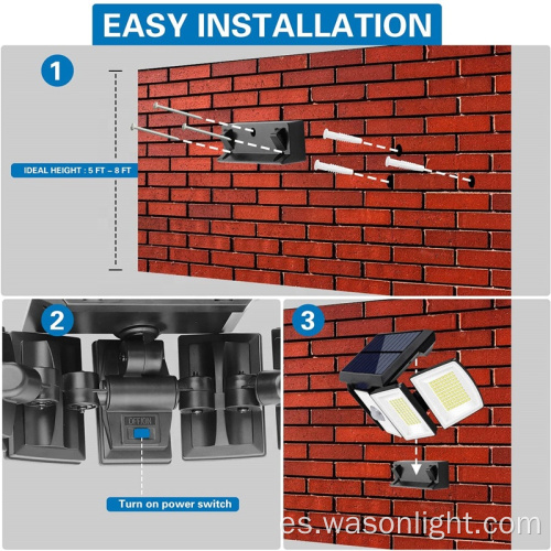 Profesional al aire libre 300LED 6500K Ajustable 5 cabezas Sensor de movimiento inalámbrico Solar Flood Seguridad de la pared de pared